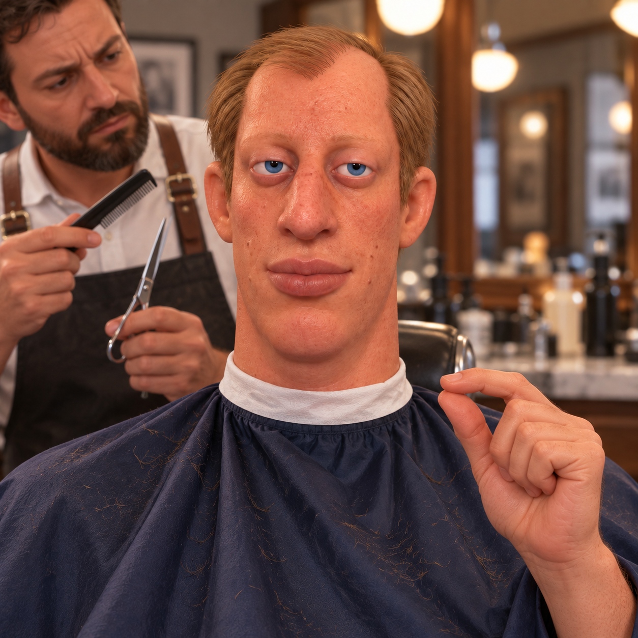 The man in the barber chair beside a skeptical barber.