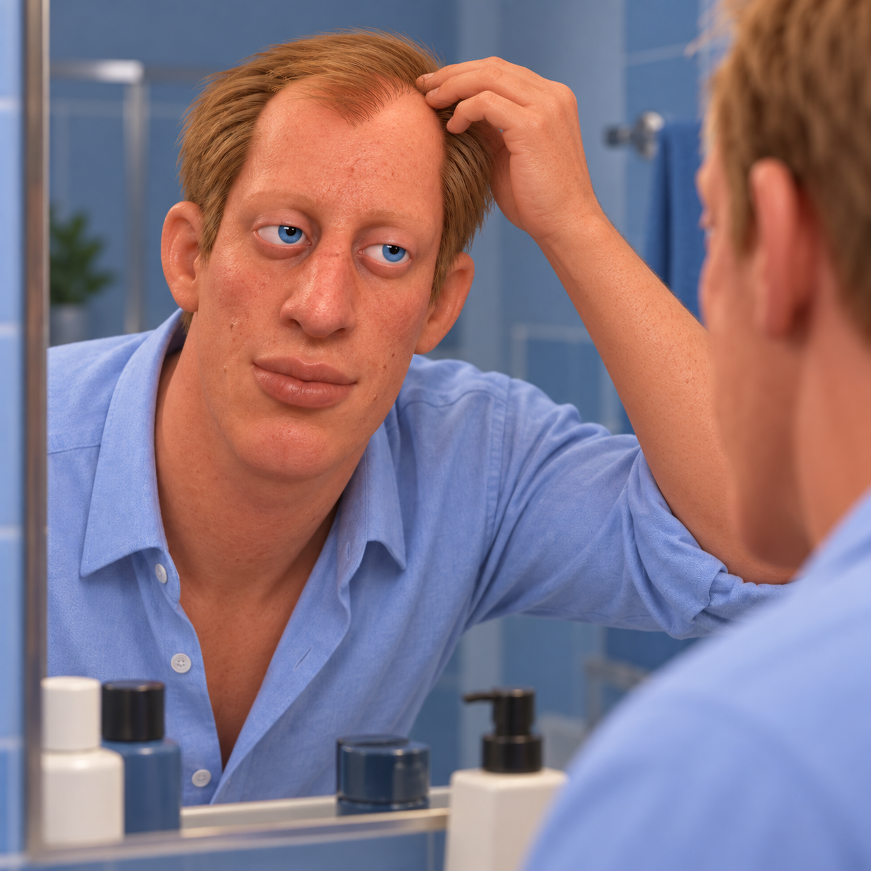 The man inspecting his hairline in the bathroom mirror.