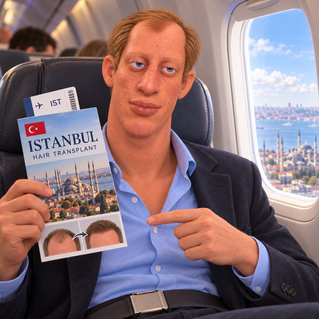 The man on a plane to Istanbul holding a hair transplant brochure.