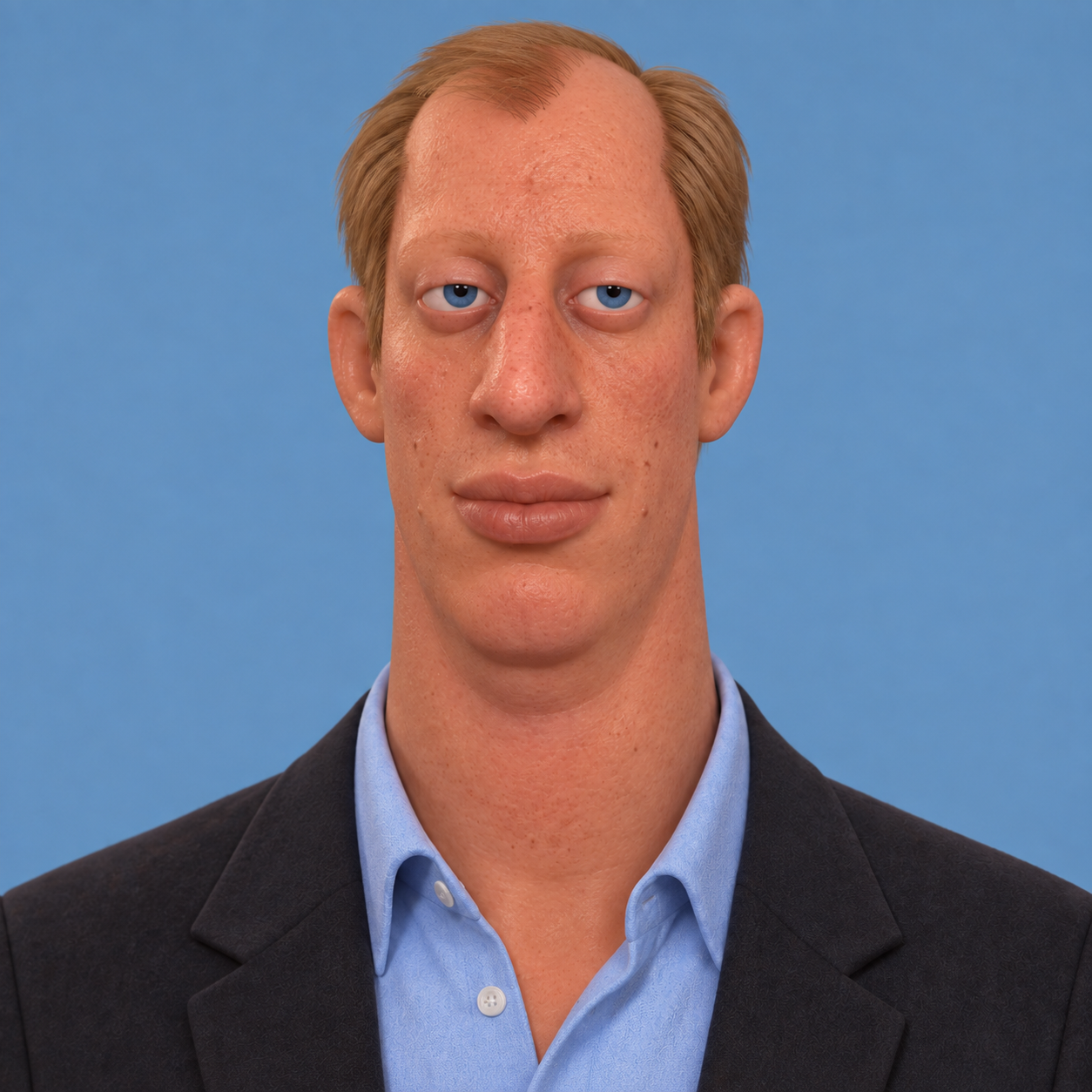 Portrait of the Receding Hairline character against a dusty-blue background.